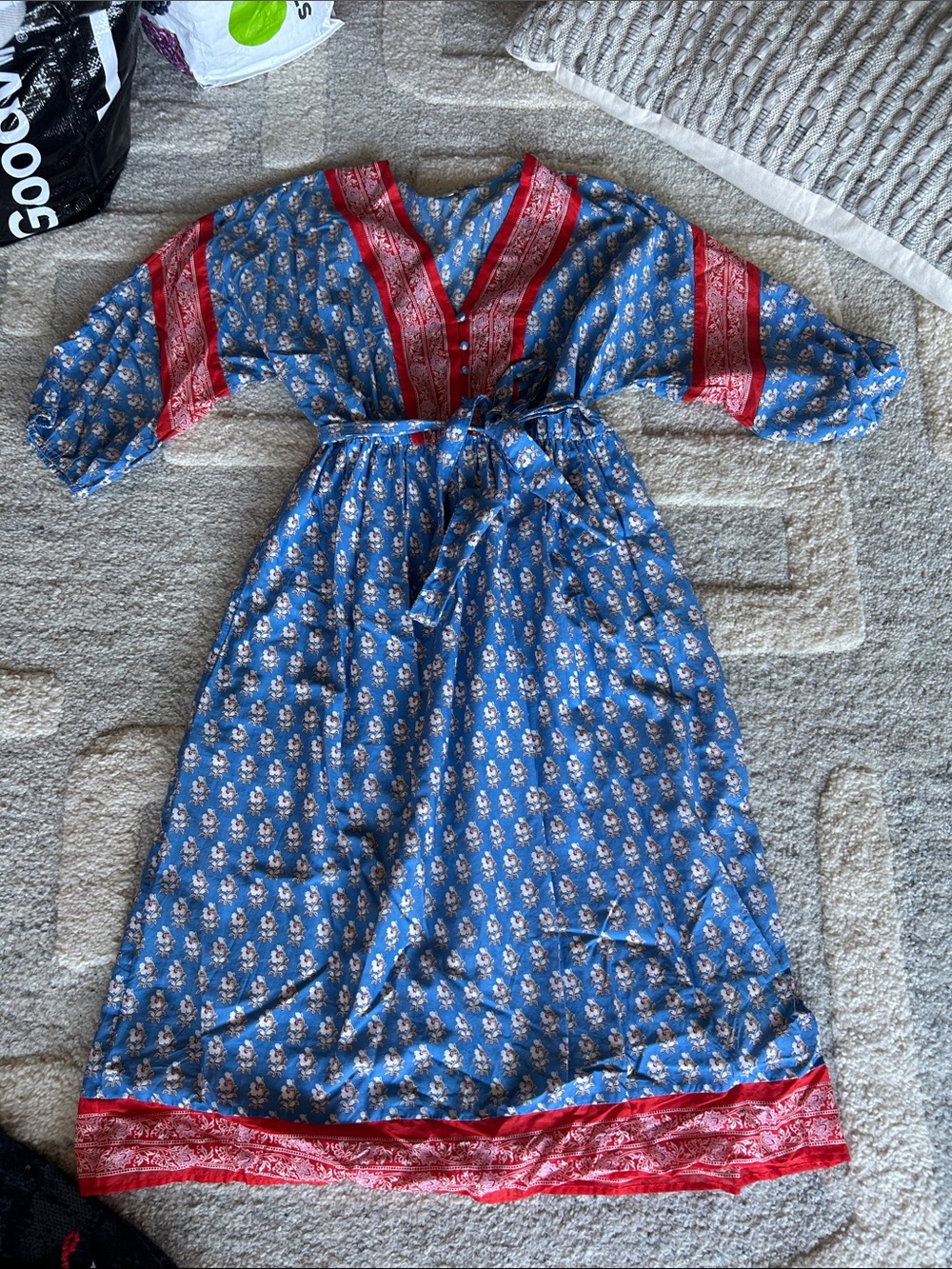 J. Crew Blue Floral Midi Dress with Red Trim